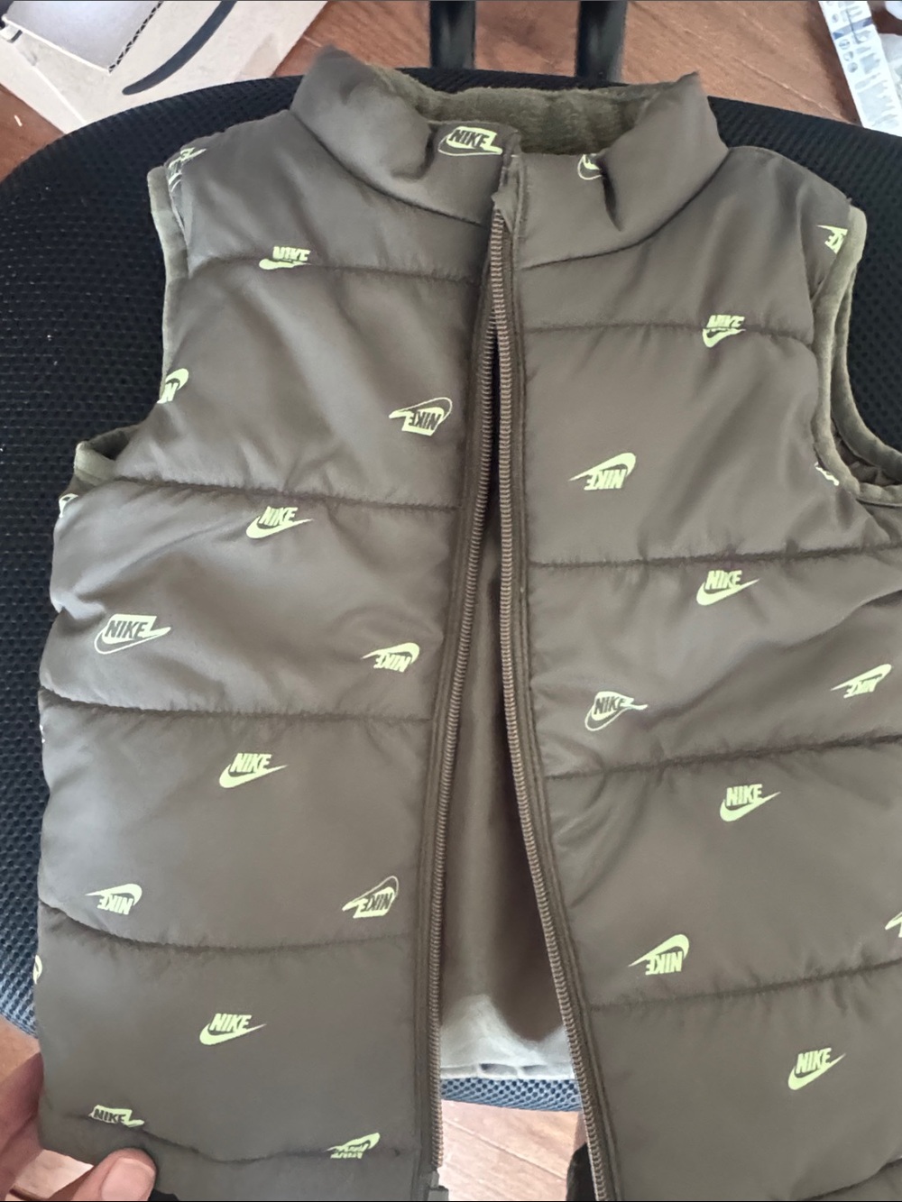 Nike Olive Green Puffer Vest with Neon Lime Swooshes